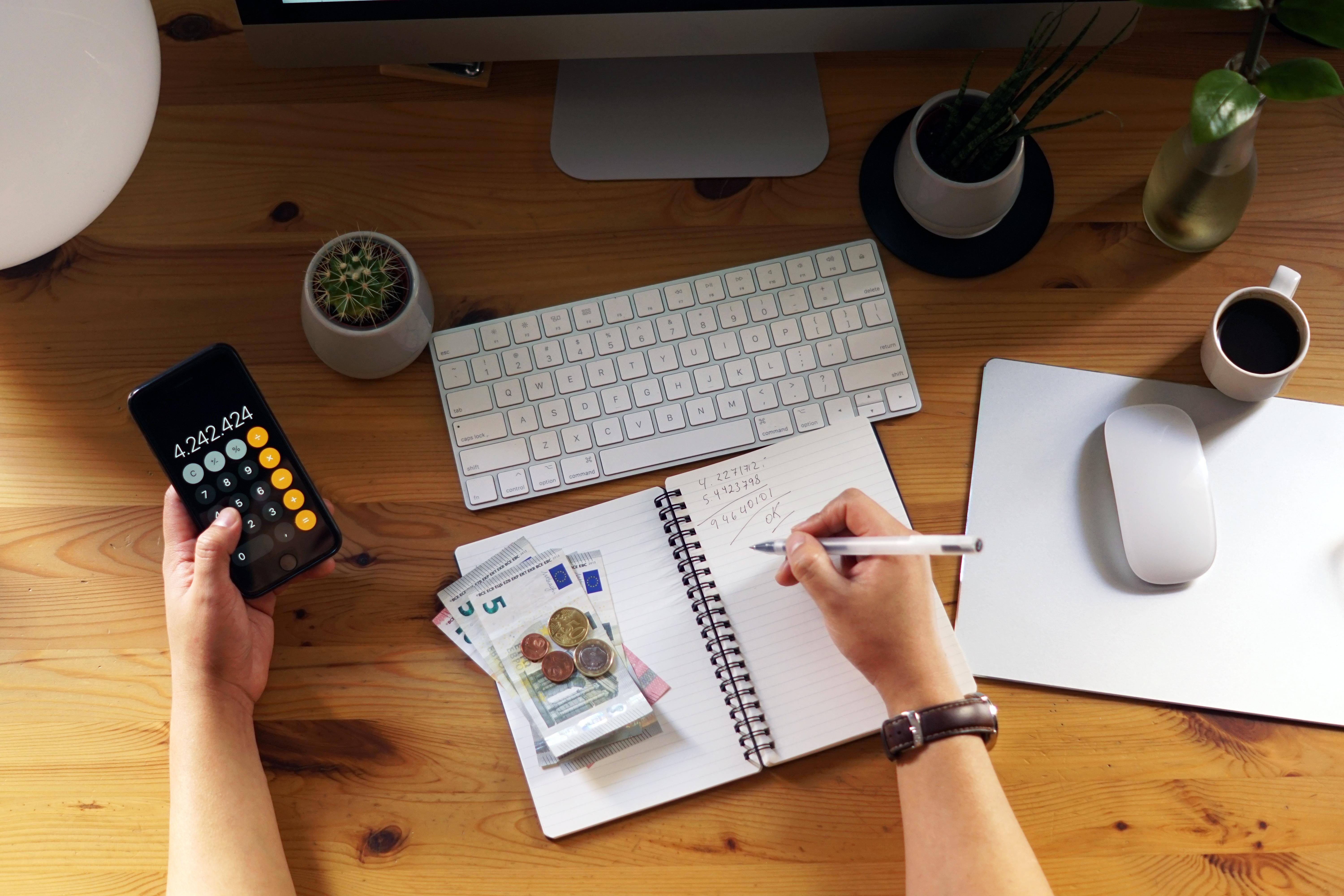 Financial elements like charts coins and a planner